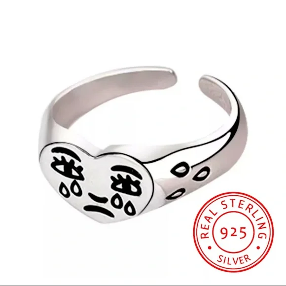 Sterling Silver Sad Crying Face Adjustable Ring - Picture 2 of 10